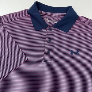Under Armour Polo Shirt Mens Medium Navy Pink HeatGear Striped Golf 1272330‎